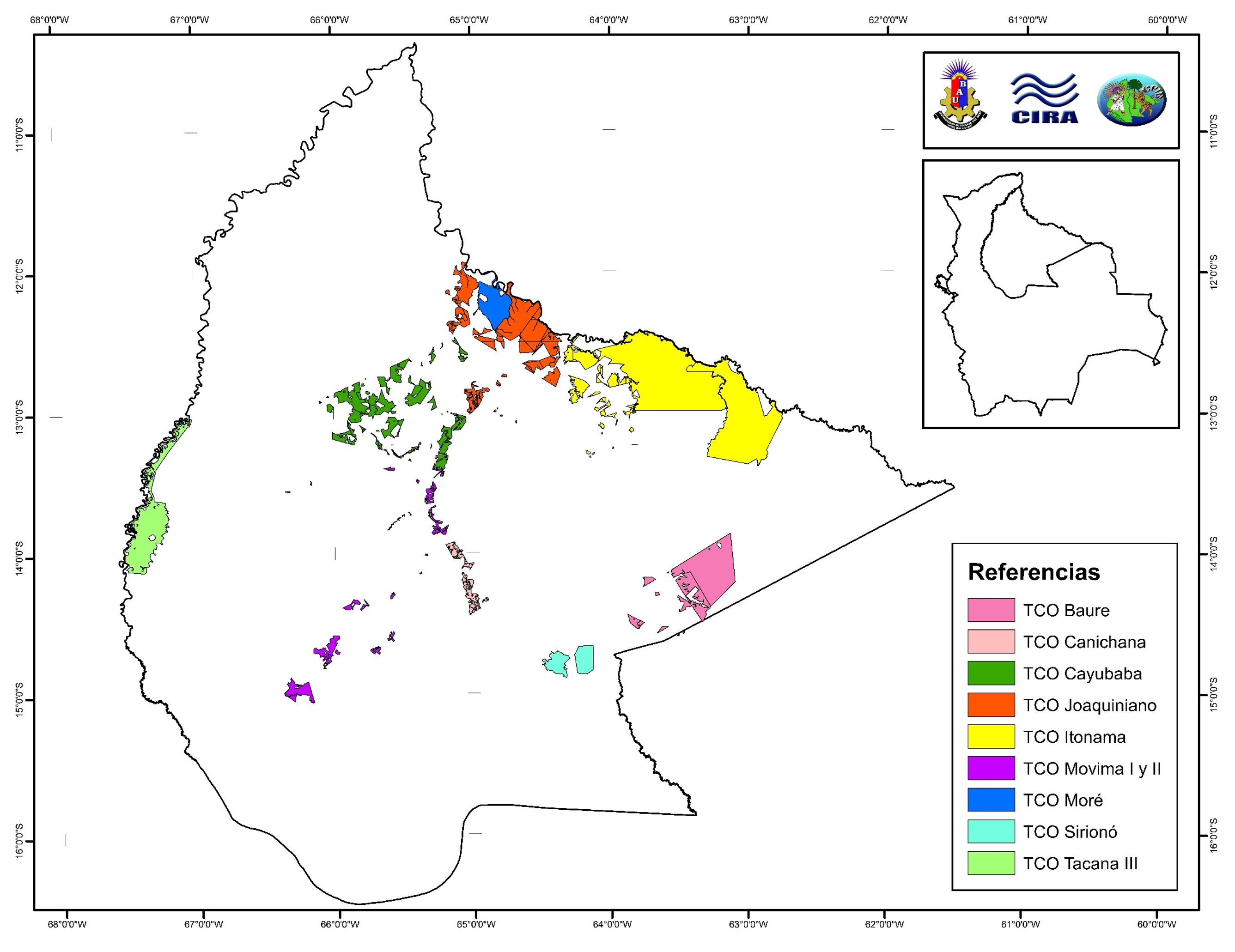 Mapa de ubicación de las nueve Tierras Comunitarias de Origen del Beni